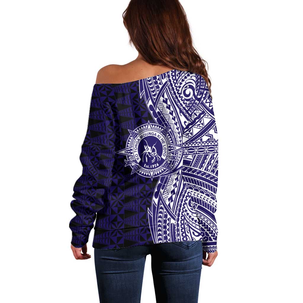 Tonga Queen Salote College 100th Years Off Shoulder Sweater Blue Tonga Kupesi Uniquely Pacific Art - Polynesian Pride