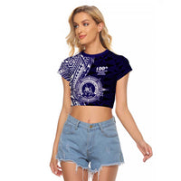 Tonga Queen Salote College 100th Years Raglan Cropped T Shirt Blue Tonga Kupesi Uniquely Pacific Art - Polynesian Pride