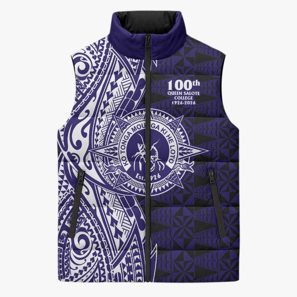 Tonga Queen Salote College 100th Years Sleeveless Puffer Jacket Blue Tonga Kupesi Uniquely Pacific Art - Polynesian Pride