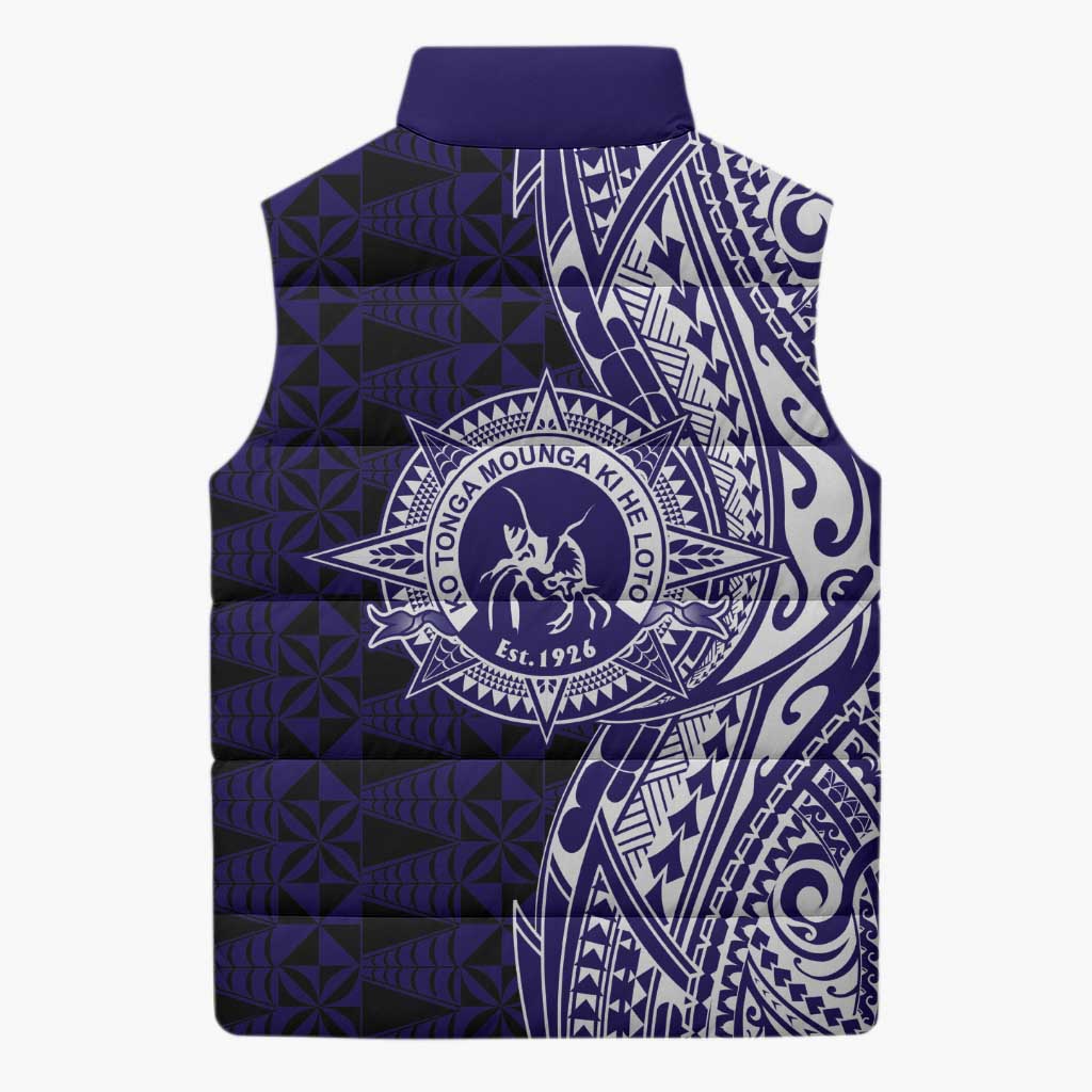 Tonga Queen Salote College 100th Years Sleeveless Puffer Jacket Blue Tonga Kupesi Uniquely Pacific Art - Polynesian Pride