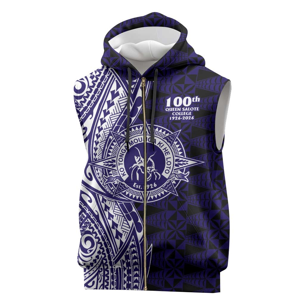 Tonga Queen Salote College 100th Years Sleeveless Zip Hoodie Blue Tonga Kupesi Uniquely Pacific Art - Polynesian Pride