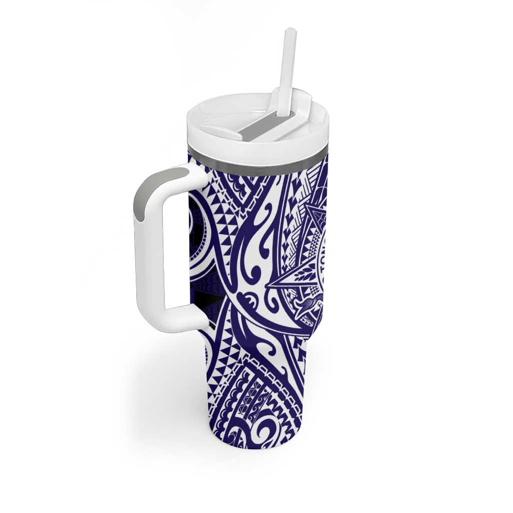 Tonga Queen Salote College 100th Years Tumbler With Handle Blue Tonga Kupesi Uniquely Pacific Art - Polynesian Pride