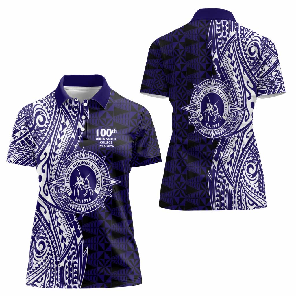 Tonga Queen Salote College 100th Years Women Polo Shirt Blue Tonga Kupesi Uniquely Pacific Art - Polynesian Pride