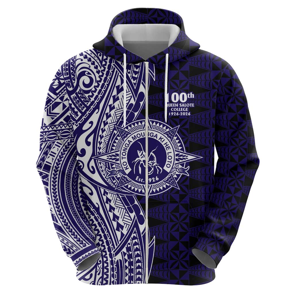 Tonga Queen Salote College 100th Years Zip Hoodie Blue Tonga Kupesi Uniquely Pacific Art - Polynesian Pride