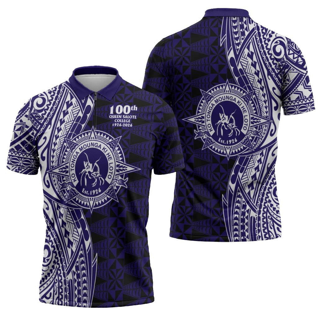Tonga Queen Salote College 100th Years Zipper Polo Shirt Blue Tonga Kupesi Uniquely Pacific Art - Polynesian Pride
