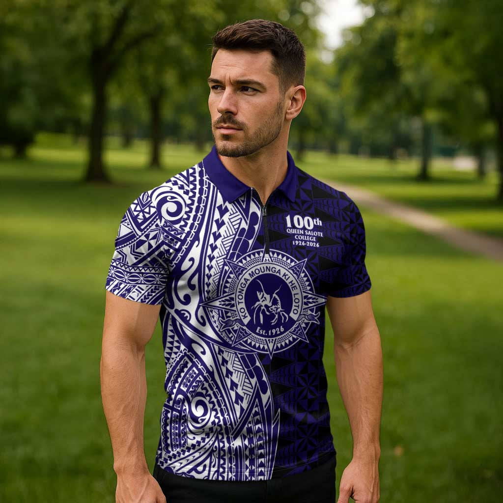 Tonga Queen Salote College 100th Years Zipper Polo Shirt Blue Tonga Kupesi Uniquely Pacific Art - Polynesian Pride