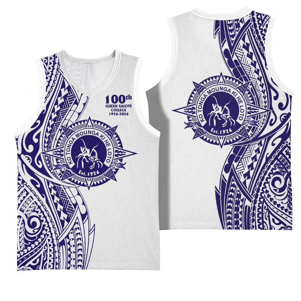 Tonga Queen Salote College 100th Years Basketball Jersey White Tonga Kupesi Uniquely Pacific Art - Polynesian Pride
