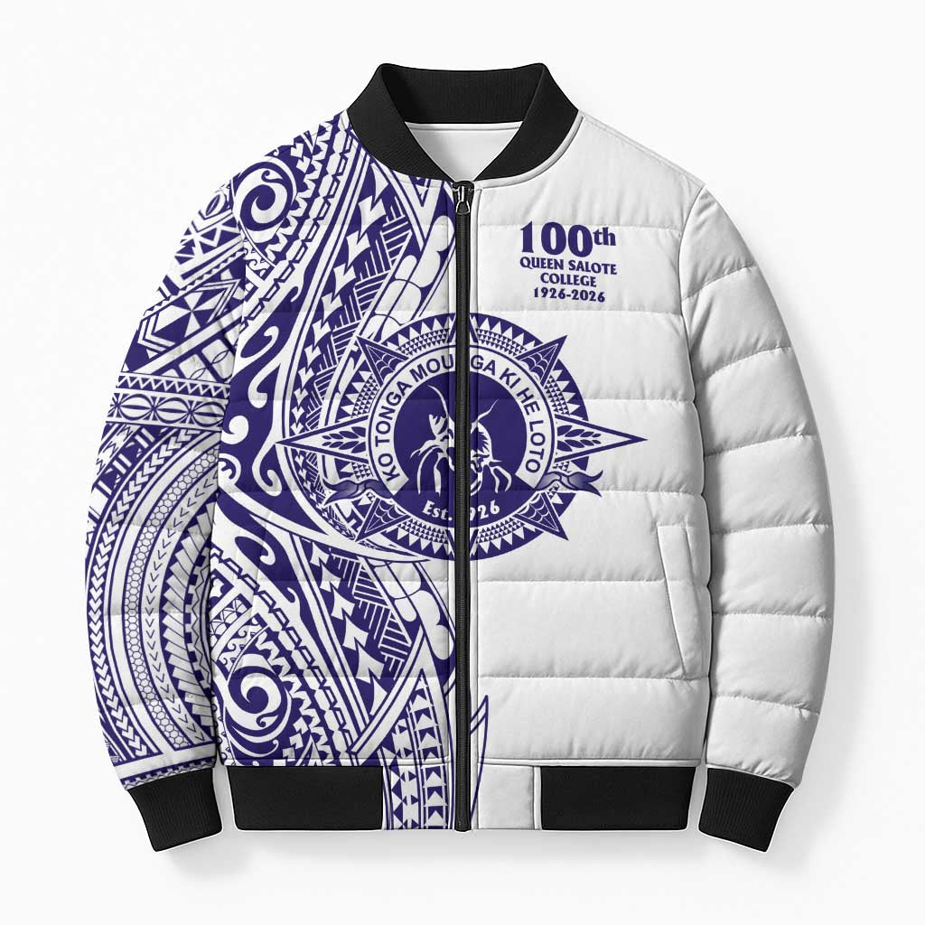 Tonga Queen Salote College 100th Years Bomber Puffer Jacket White Tonga Kupesi Uniquely Pacific Art - Polynesian Pride