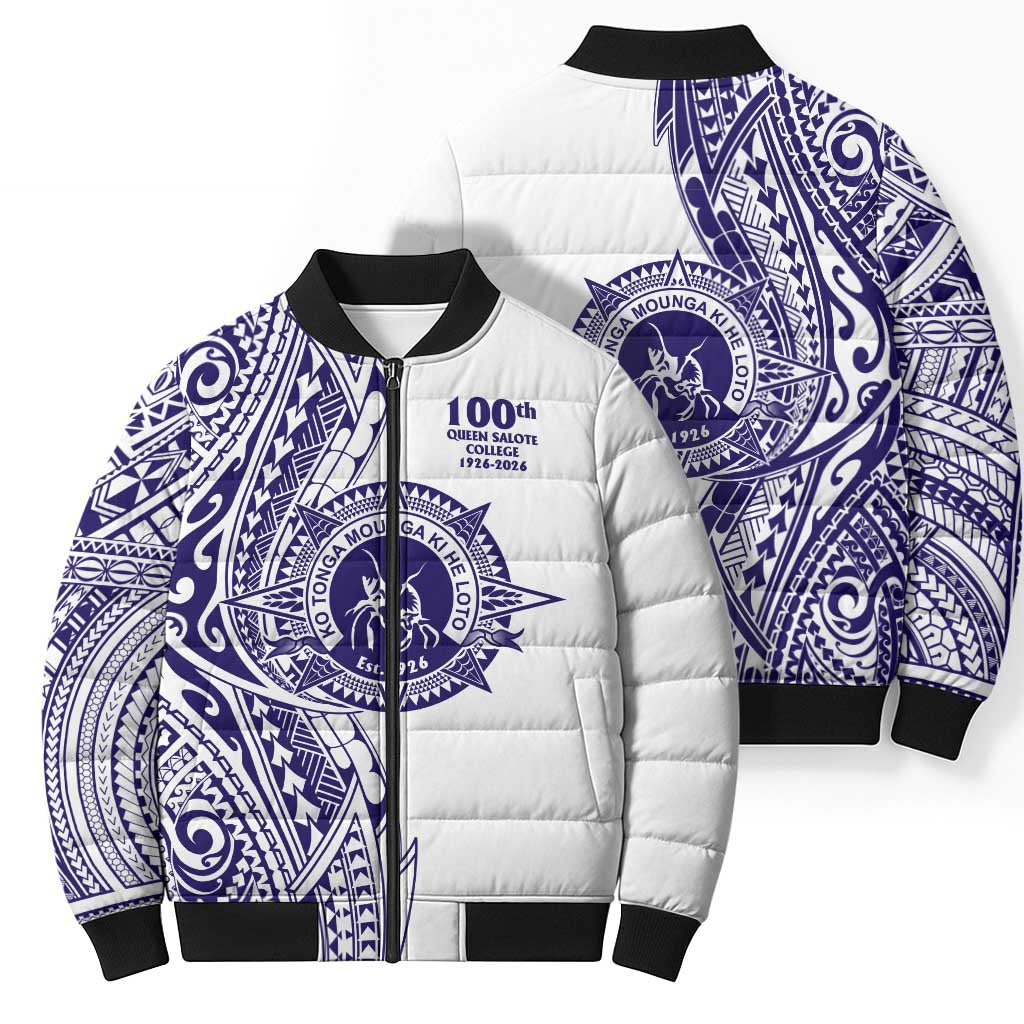 Tonga Queen Salote College 100th Years Bomber Puffer Jacket White Tonga Kupesi Uniquely Pacific Art - Polynesian Pride