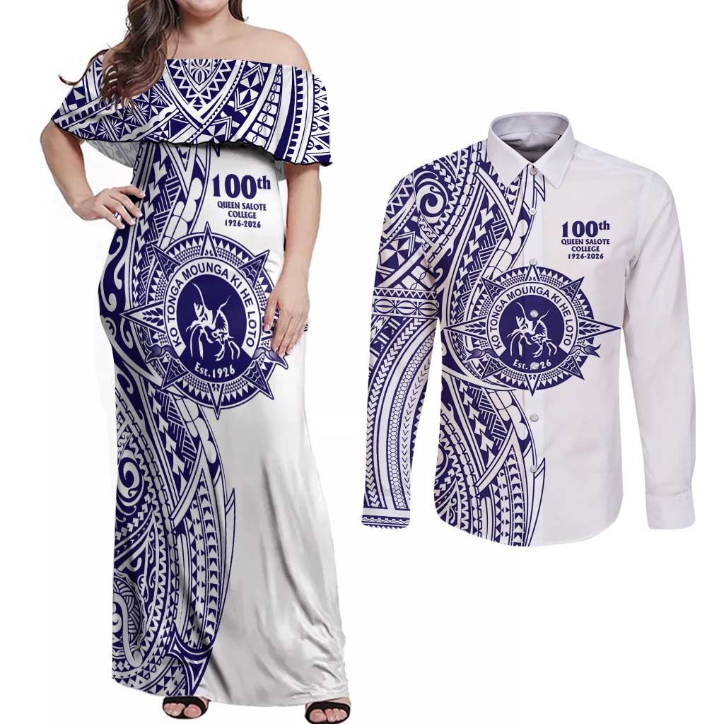 Tonga Queen Salote College 100th Years Couples Matching Off Shoulder Maxi Dress and Long Sleeve Button Shirt White Tonga Kupesi Uniquely Pacific Art - Polynesian Pride