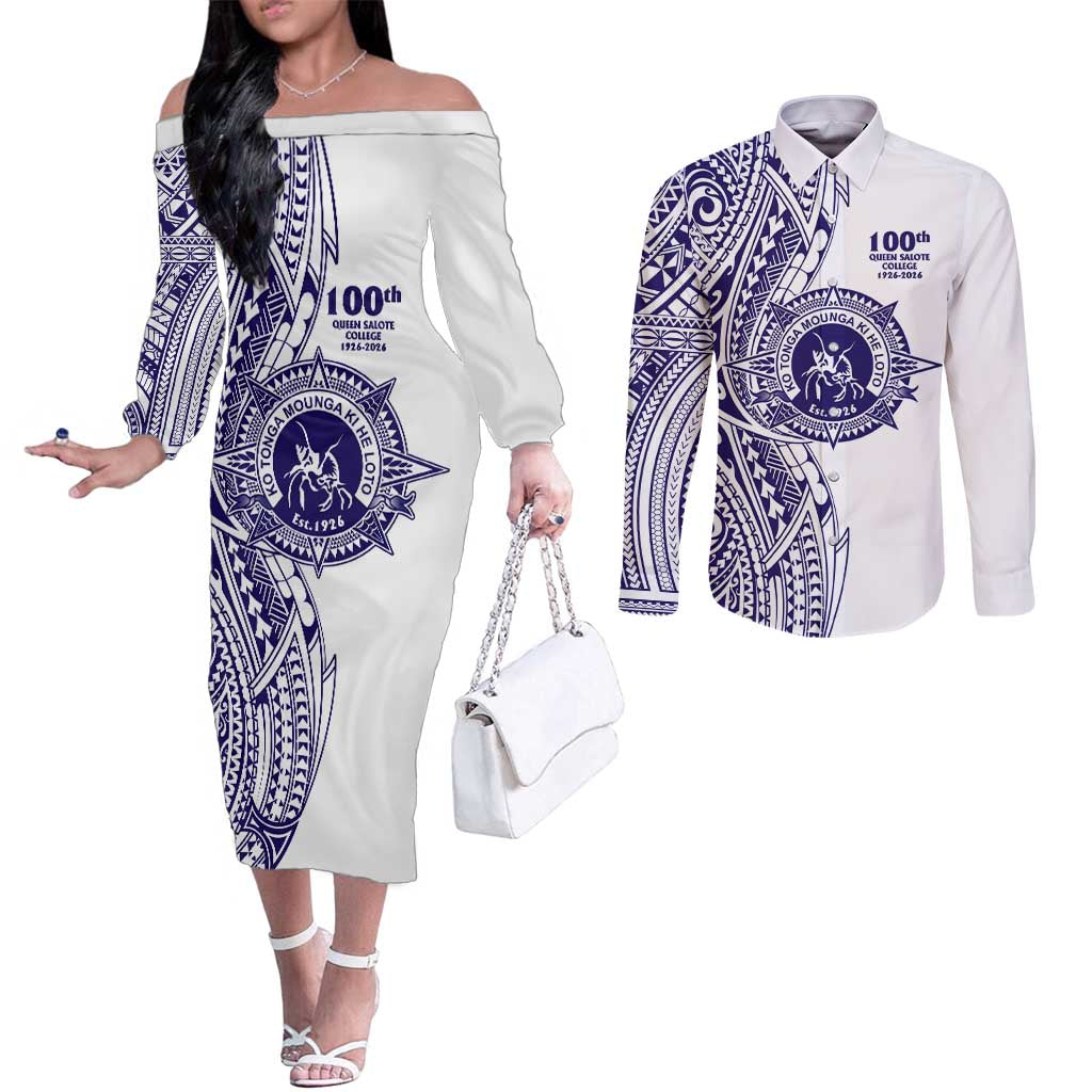 Tonga Queen Salote College 100th Years Couples Matching Off The Shoulder Long Sleeve Dress and Long Sleeve Button Shirt White Tonga Kupesi Uniquely Pacific Art - Polynesian Pride