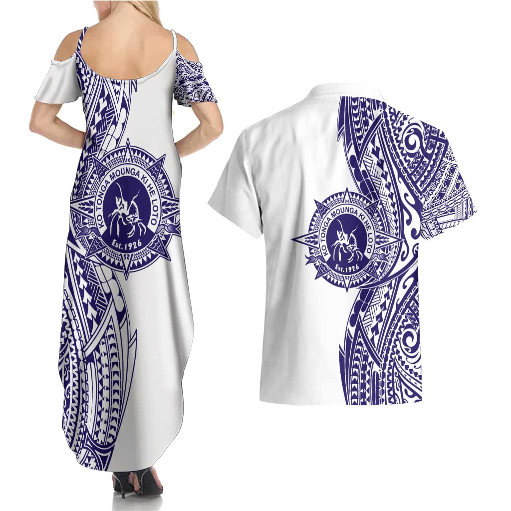 Tonga Queen Salote College 100th Years Couples Matching Summer Maxi Dress and Hawaiian Shirt White Tonga Kupesi Uniquely Pacific Art - Polynesian Pride