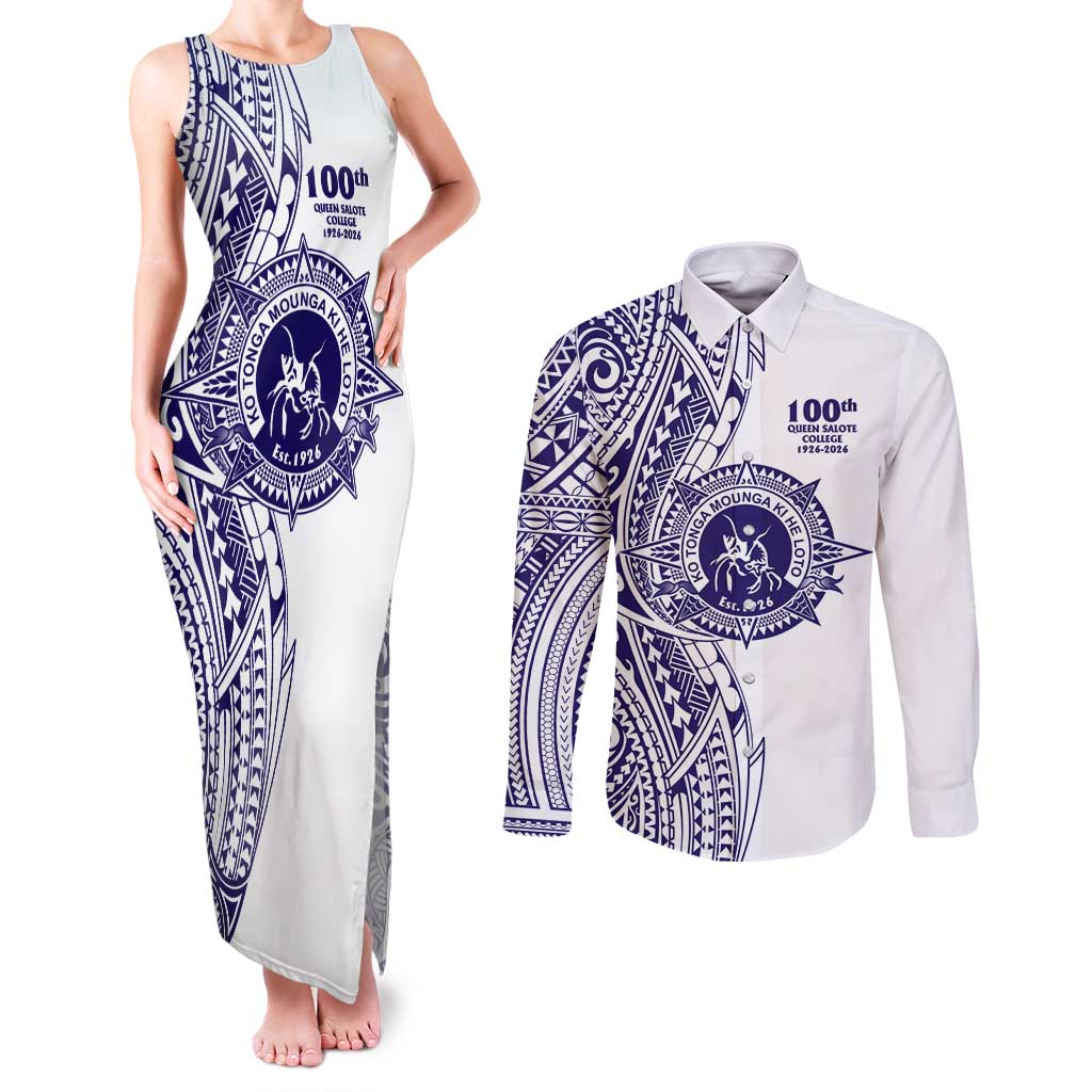 Tonga Queen Salote College 100th Years Couples Matching Tank Maxi Dress and Long Sleeve Button Shirt White Tonga Kupesi Uniquely Pacific Art - Polynesian Pride