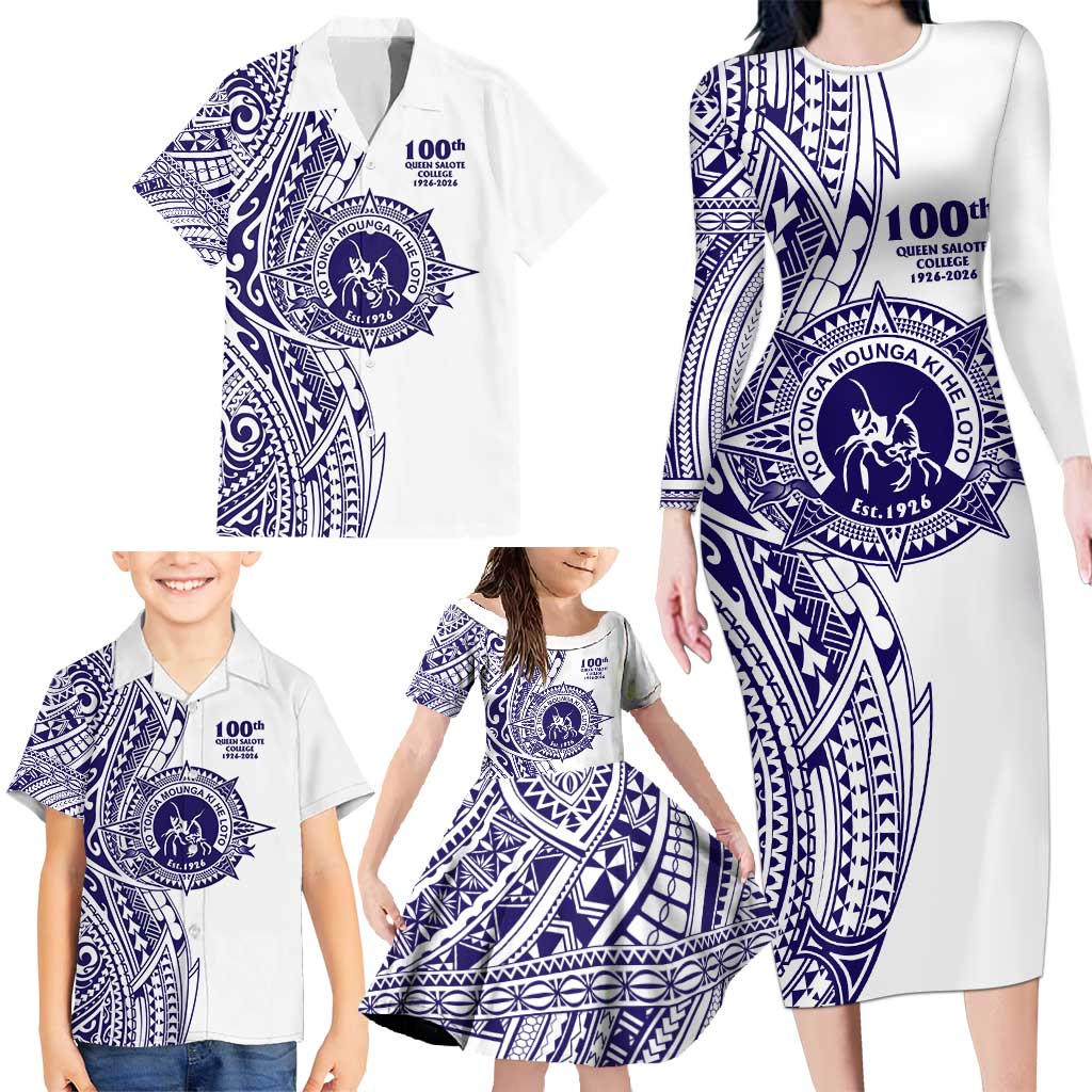 Tonga Queen Salote College 100th Years Family Matching Long Sleeve Bodycon Dress and Hawaiian Shirt White Tonga Kupesi Uniquely Pacific Art - Polynesian Pride