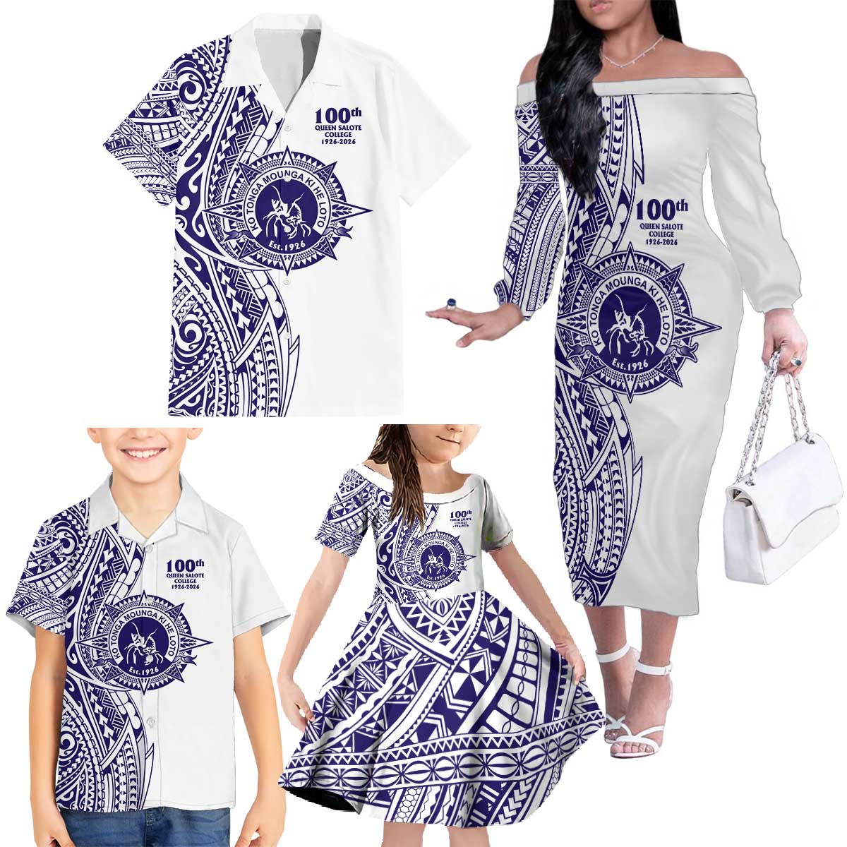 Tonga Queen Salote College 100th Years Family Matching Off The Shoulder Long Sleeve Dress and Hawaiian Shirt White Tonga Kupesi Uniquely Pacific Art - Polynesian Pride