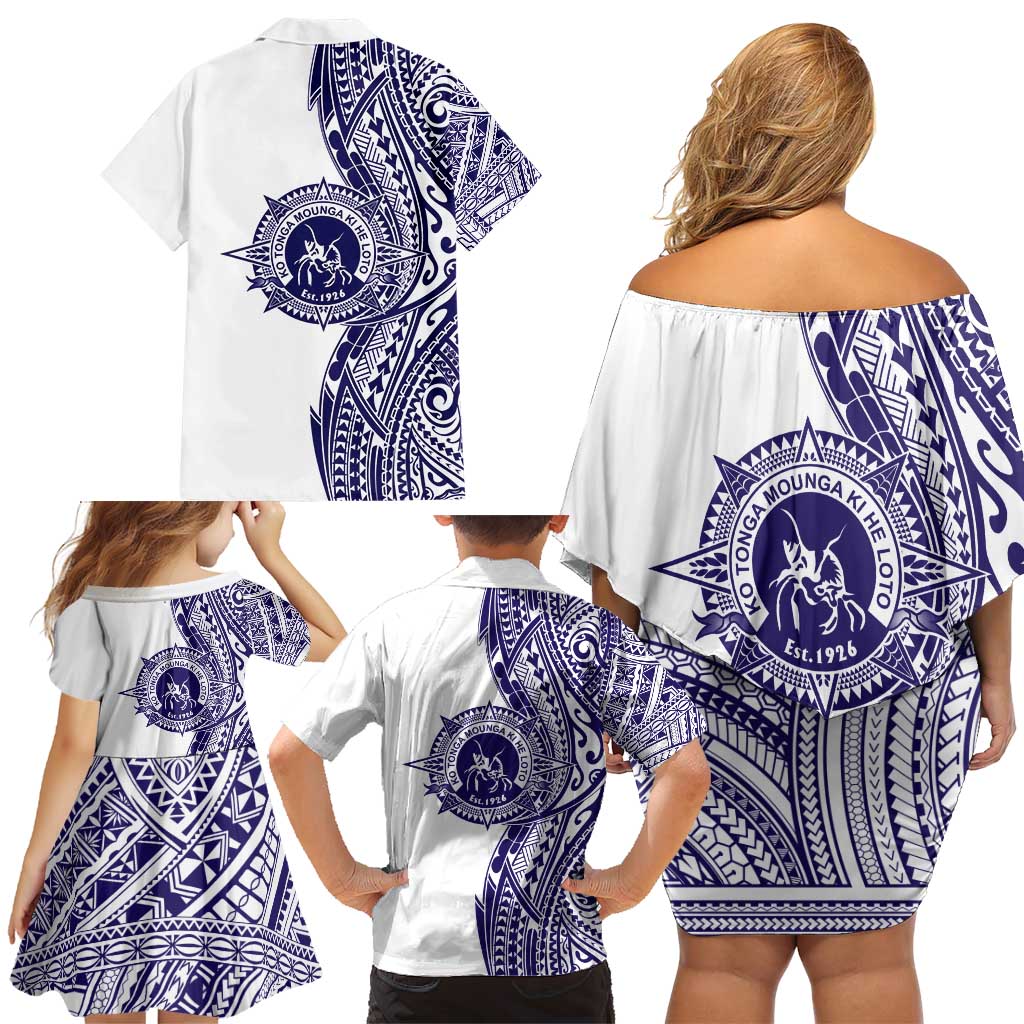 Tonga Queen Salote College 100th Years Family Matching Off Shoulder Short Dress and Hawaiian Shirt White Tonga Kupesi Uniquely Pacific Art - Polynesian Pride