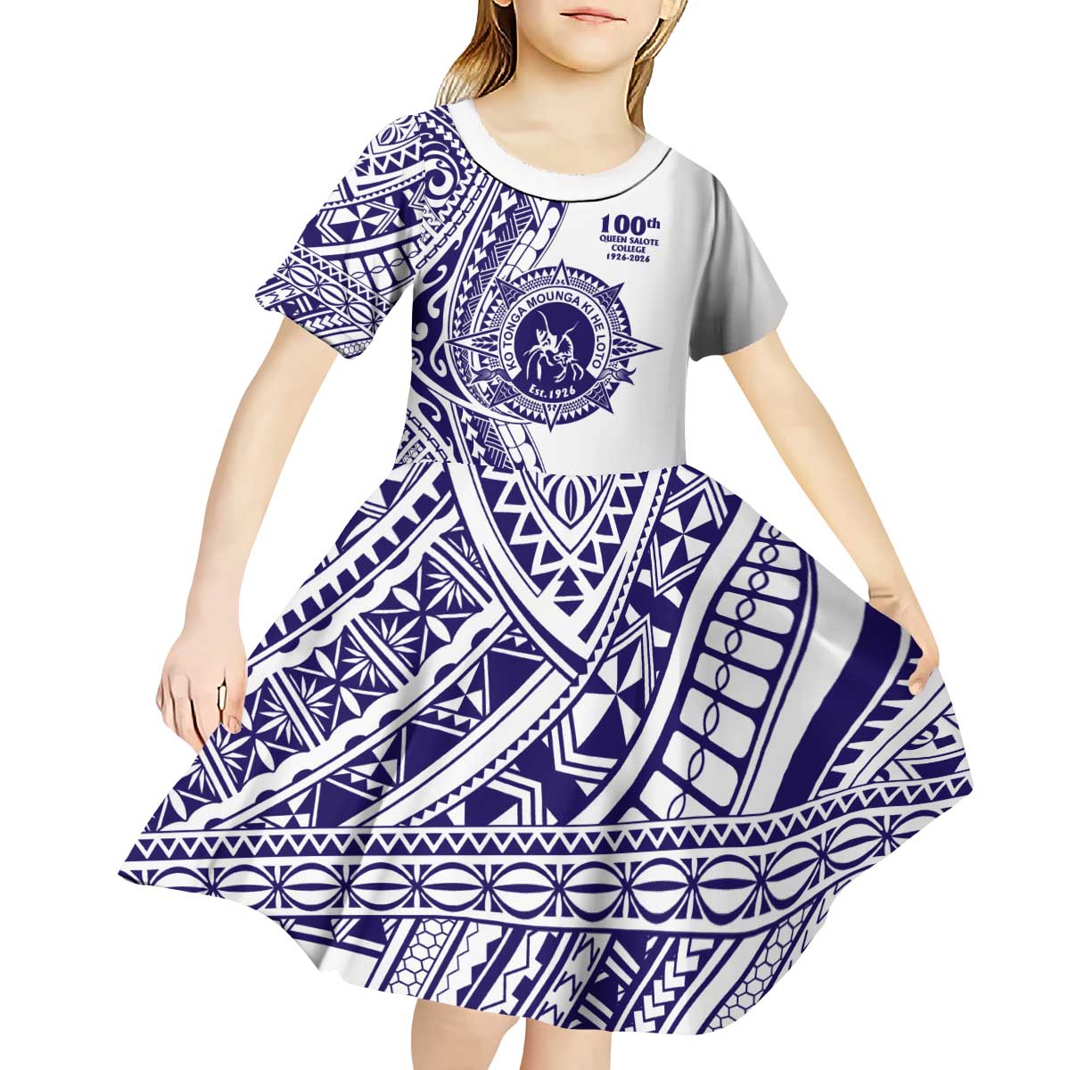 Tonga Queen Salote College 100th Years Kid Short Sleeve Dress White Tonga Kupesi Uniquely Pacific Art - Polynesian Pride