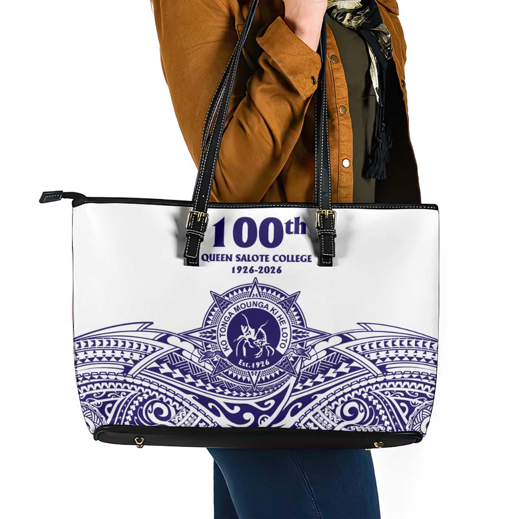 Tonga Queen Salote College 100th Years Leather Tote Bag White Tonga Kupesi Uniquely Pacific Art - Polynesian Pride