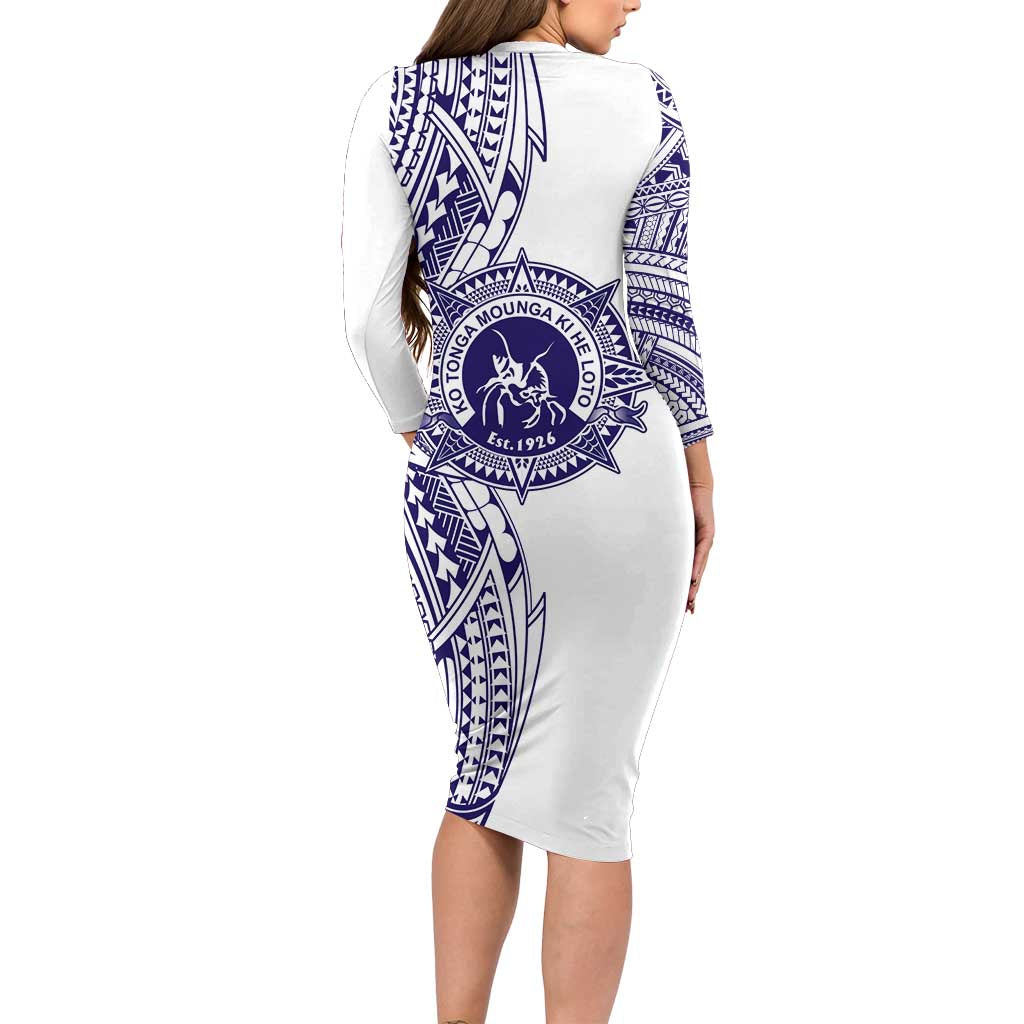 Tonga Queen Salote College 100th Years Long Sleeve Bodycon Dress White Tonga Kupesi Uniquely Pacific Art - Polynesian Pride