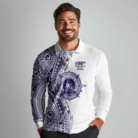 Tonga Queen Salote College 100th Years Long Sleeve Polo Shirt White Tonga Kupesi Uniquely Pacific Art - Polynesian Pride
