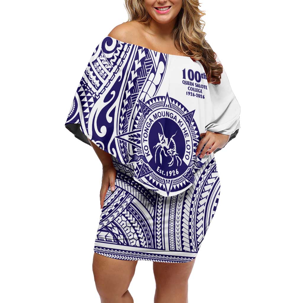 Tonga Queen Salote College 100th Years Off Shoulder Short Dress White Tonga Kupesi Uniquely Pacific Art - Polynesian Pride