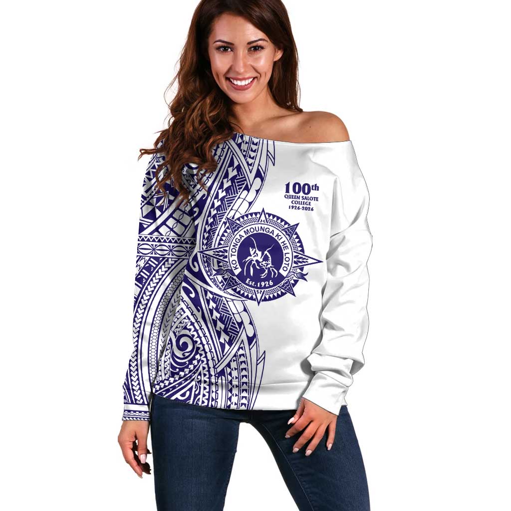 Tonga Queen Salote College 100th Years Off Shoulder Sweater White Tonga Kupesi Uniquely Pacific Art - Polynesian Pride