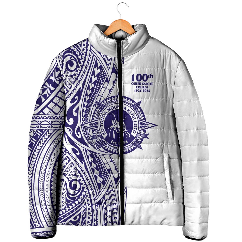 Tonga Queen Salote College 100th Years Padded Jacket White Tonga Kupesi Uniquely Pacific Art - Polynesian Pride