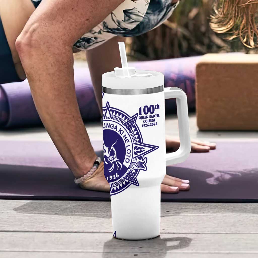 Tonga Queen Salote College 100th Years Tumbler With Handle White Tonga Kupesi Uniquely Pacific Art - Polynesian Pride