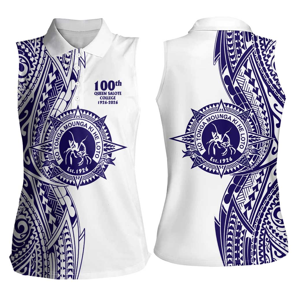 Tonga Queen Salote College 100th Years Women Sleeveless Polo Shirt White Tonga Kupesi Uniquely Pacific Art - Polynesian Pride