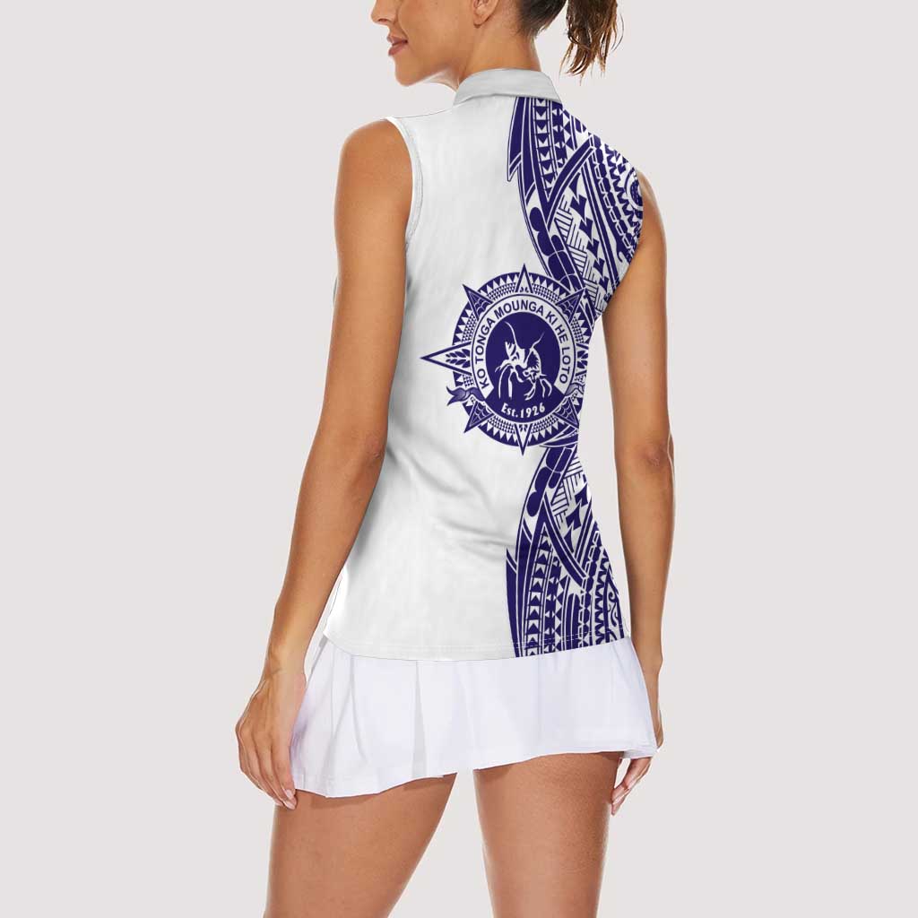 Tonga Queen Salote College 100th Years Women Sleeveless Polo Shirt White Tonga Kupesi Uniquely Pacific Art - Polynesian Pride
