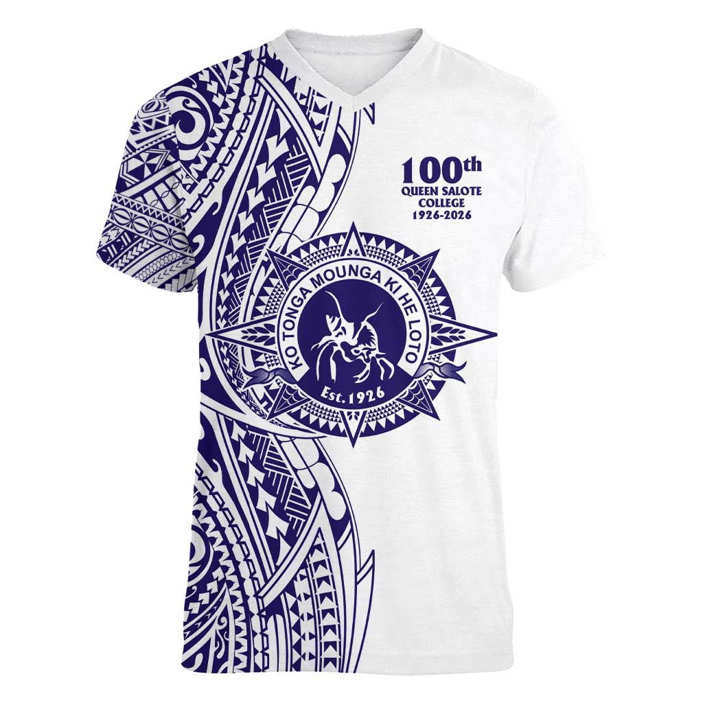 Tonga Queen Salote College 100th Years Women V-Neck T-Shirt White Tonga Kupesi Uniquely Pacific Art - Polynesian Pride