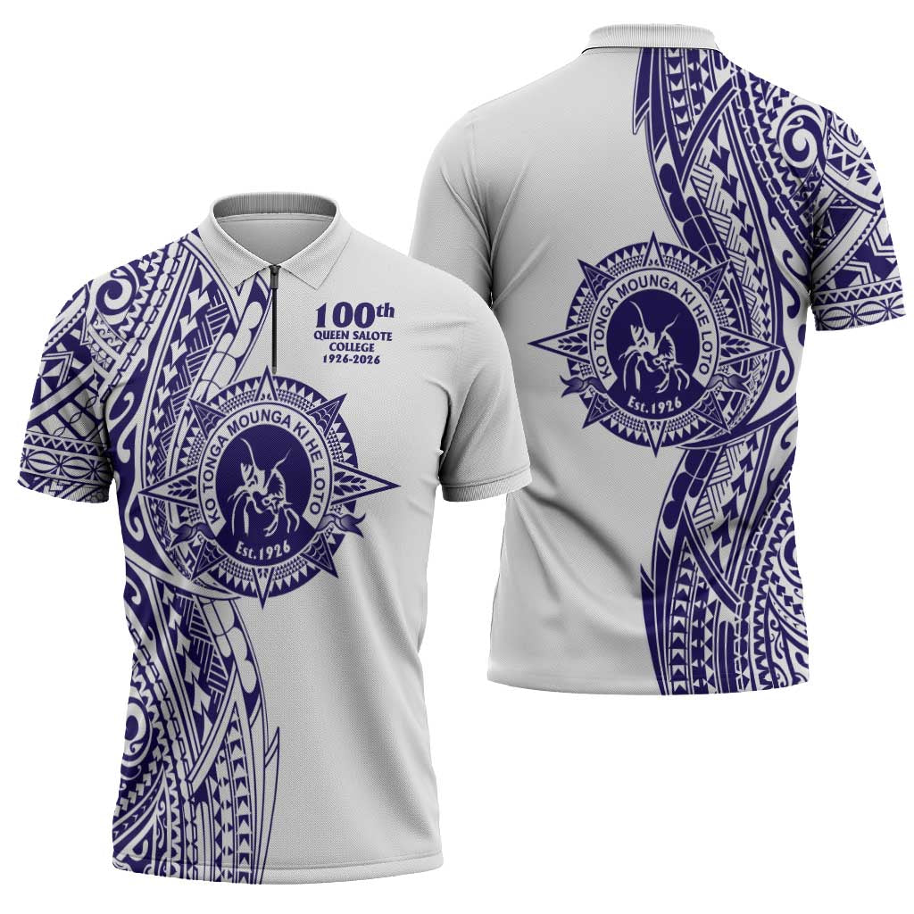 Tonga Queen Salote College 100th Years Zipper Polo Shirt White Tonga Kupesi Uniquely Pacific Art - Polynesian Pride