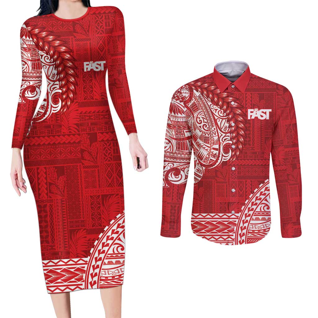 Samoa FAST Couples Matching Long Sleeve Bodycon Dress and Long Sleeve Button Shirt Samoan Motif Patterns LT9 Red - Polynesian Pride