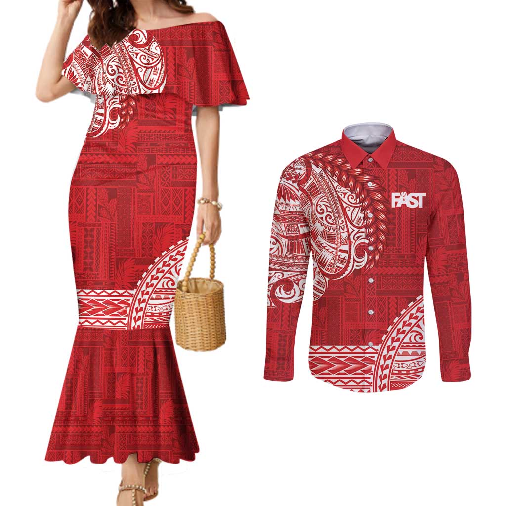 Samoa FAST Couples Matching Mermaid Dress and Long Sleeve Button Shirt Samoan Motif Patterns LT9 Red - Polynesian Pride