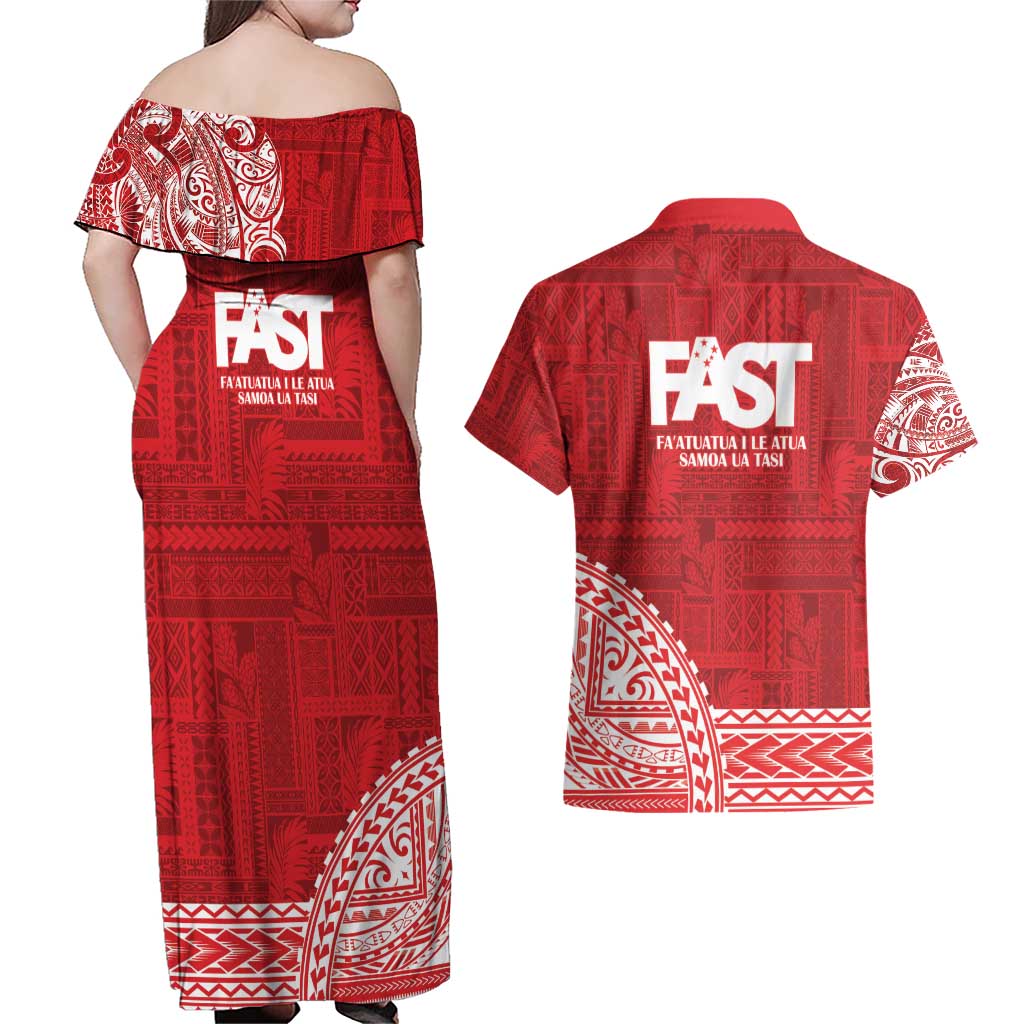 Samoa FAST Couples Matching Off Shoulder Maxi Dress and Hawaiian Shirt Samoan Motif Patterns - Polynesian Pride