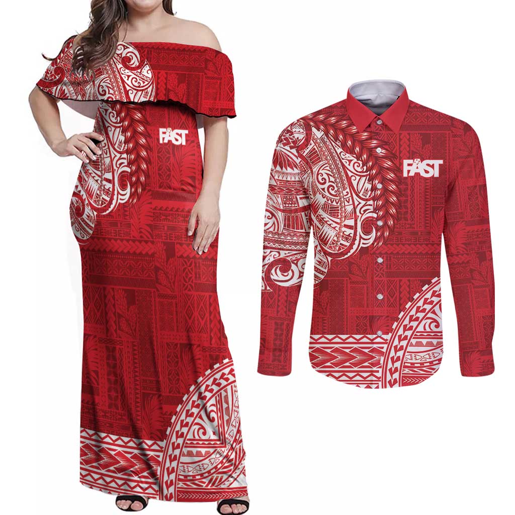 Samoa FAST Couples Matching Off Shoulder Maxi Dress and Long Sleeve Button Shirt Samoan Motif Patterns LT9 Red - Polynesian Pride