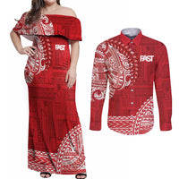 Samoa FAST Couples Matching Off Shoulder Maxi Dress and Long Sleeve Button Shirt Samoan Motif Patterns LT9 Red - Polynesian Pride