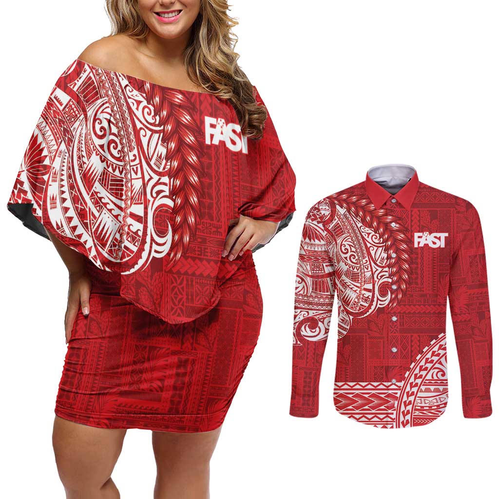 Samoa FAST Couples Matching Off Shoulder Short Dress and Long Sleeve Button Shirt Samoan Motif Patterns LT9 Red - Polynesian Pride