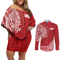 Samoa FAST Couples Matching Off Shoulder Short Dress and Long Sleeve Button Shirt Samoan Motif Patterns LT9 Red - Polynesian Pride