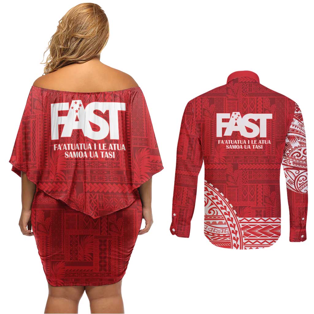 Samoa FAST Couples Matching Off Shoulder Short Dress and Long Sleeve Button Shirt Samoan Motif Patterns LT9 - Polynesian Pride