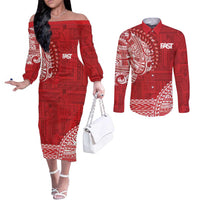 Samoa FAST Couples Matching Off The Shoulder Long Sleeve Dress and Long Sleeve Button Shirt Samoan Motif Patterns LT9 Red - Polynesian Pride