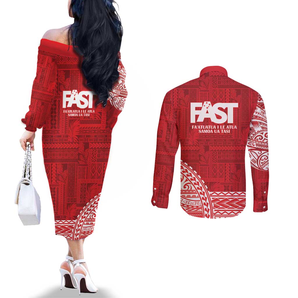 Samoa FAST Couples Matching Off The Shoulder Long Sleeve Dress and Long Sleeve Button Shirt Samoan Motif Patterns LT9 - Polynesian Pride
