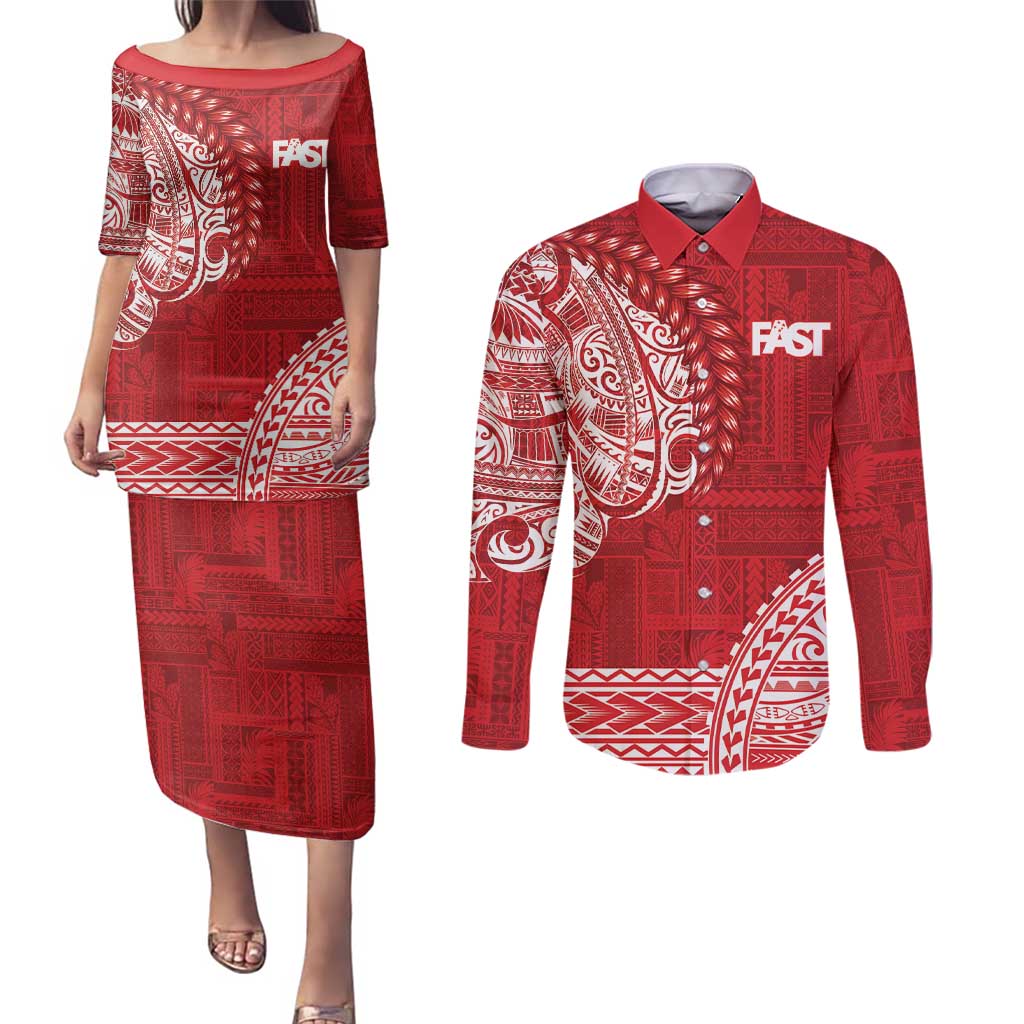 Samoa FAST Couples Matching Puletasi and Long Sleeve Button Shirt Samoan Motif Patterns LT9 Red - Polynesian Pride