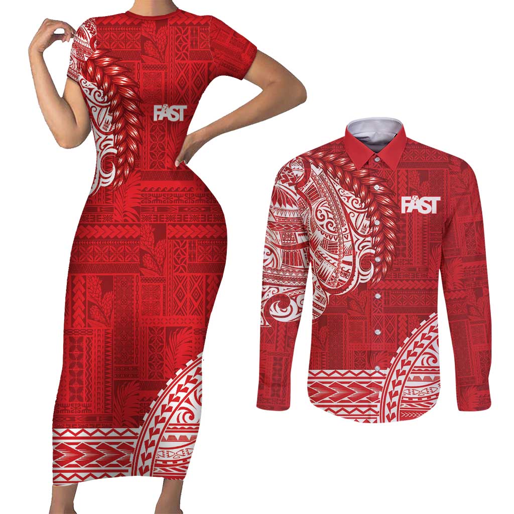 Samoa FAST Couples Matching Short Sleeve Bodycon Dress and Long Sleeve Button Shirt Samoan Motif Patterns LT9 Red - Polynesian Pride