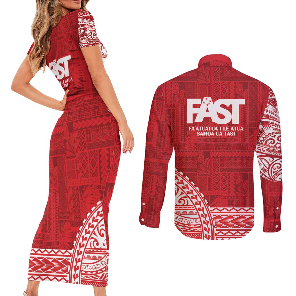 Samoa FAST Couples Matching Short Sleeve Bodycon Dress and Long Sleeve Button Shirt Samoan Motif Patterns LT9 - Polynesian Pride