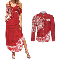 Samoa FAST Couples Matching Summer Maxi Dress and Long Sleeve Button Shirt Samoan Motif Patterns LT9 Red - Polynesian Pride