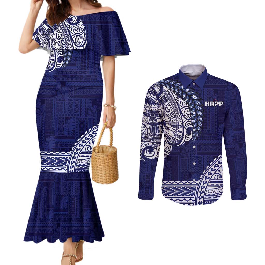 Samoa HRPP Couples Matching Mermaid Dress and Long Sleeve Button Shirt Samoan Motif Patterns LT9 Blue - Polynesian Pride