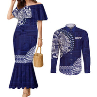 Samoa HRPP Couples Matching Mermaid Dress and Long Sleeve Button Shirt Samoan Motif Patterns LT9 Blue - Polynesian Pride