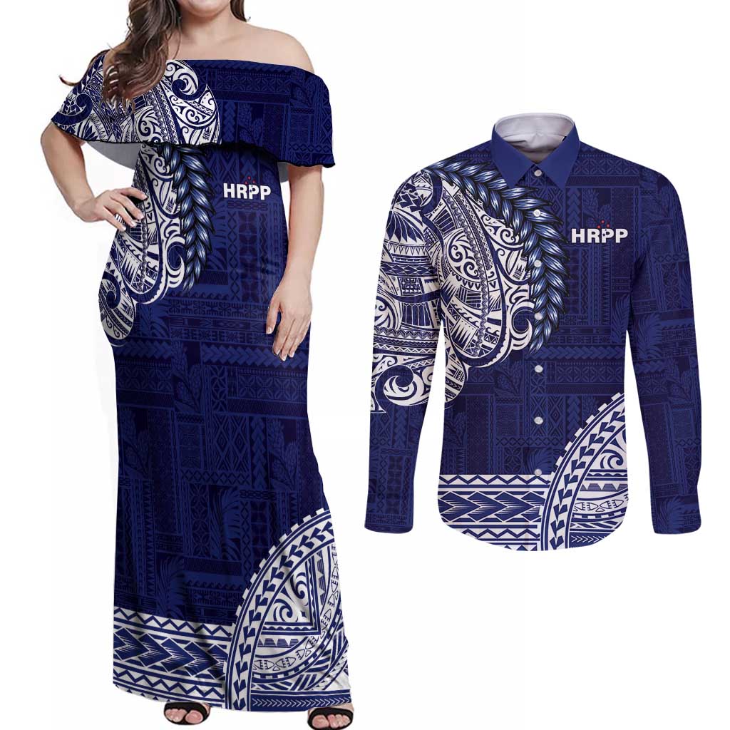 Samoa HRPP Couples Matching Off Shoulder Maxi Dress and Long Sleeve Button Shirt Samoan Motif Patterns LT9 Blue - Polynesian Pride