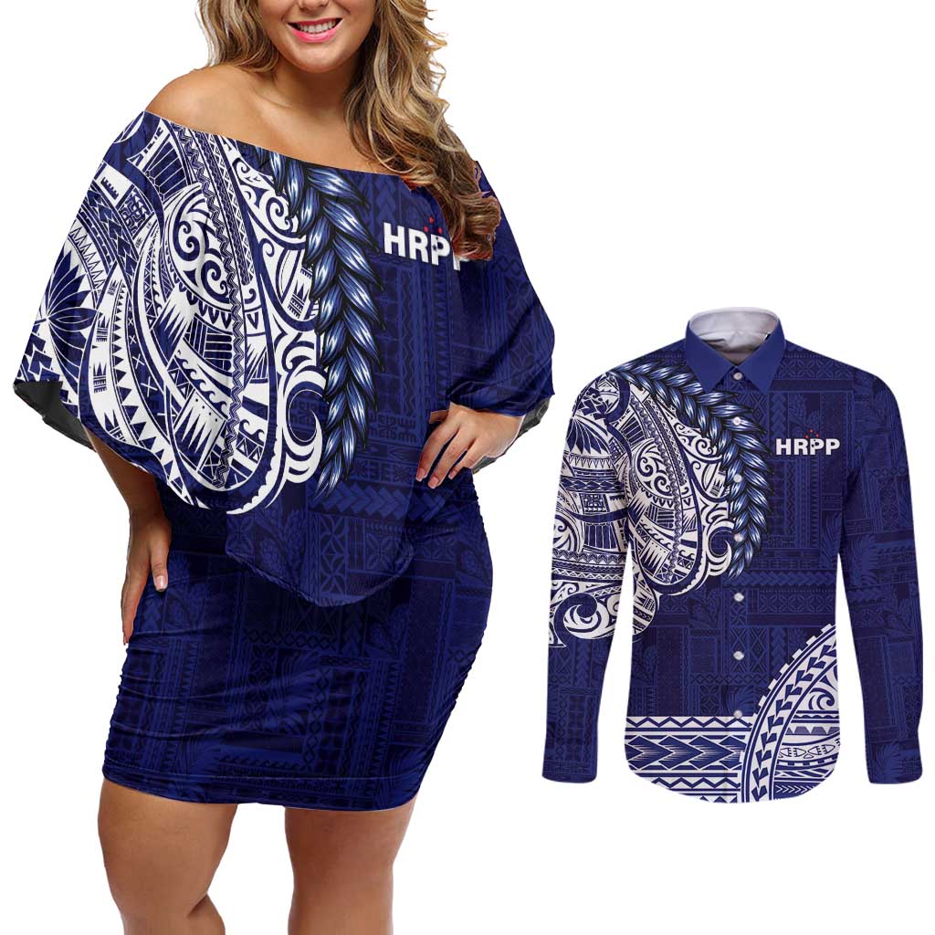 Samoa HRPP Couples Matching Off Shoulder Short Dress and Long Sleeve Button Shirt Samoan Motif Patterns LT9 Blue - Polynesian Pride